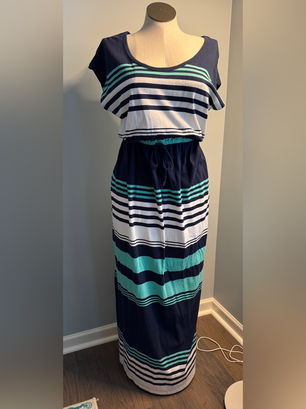 GAP Navy, White & Teal Striped Maxi Dress